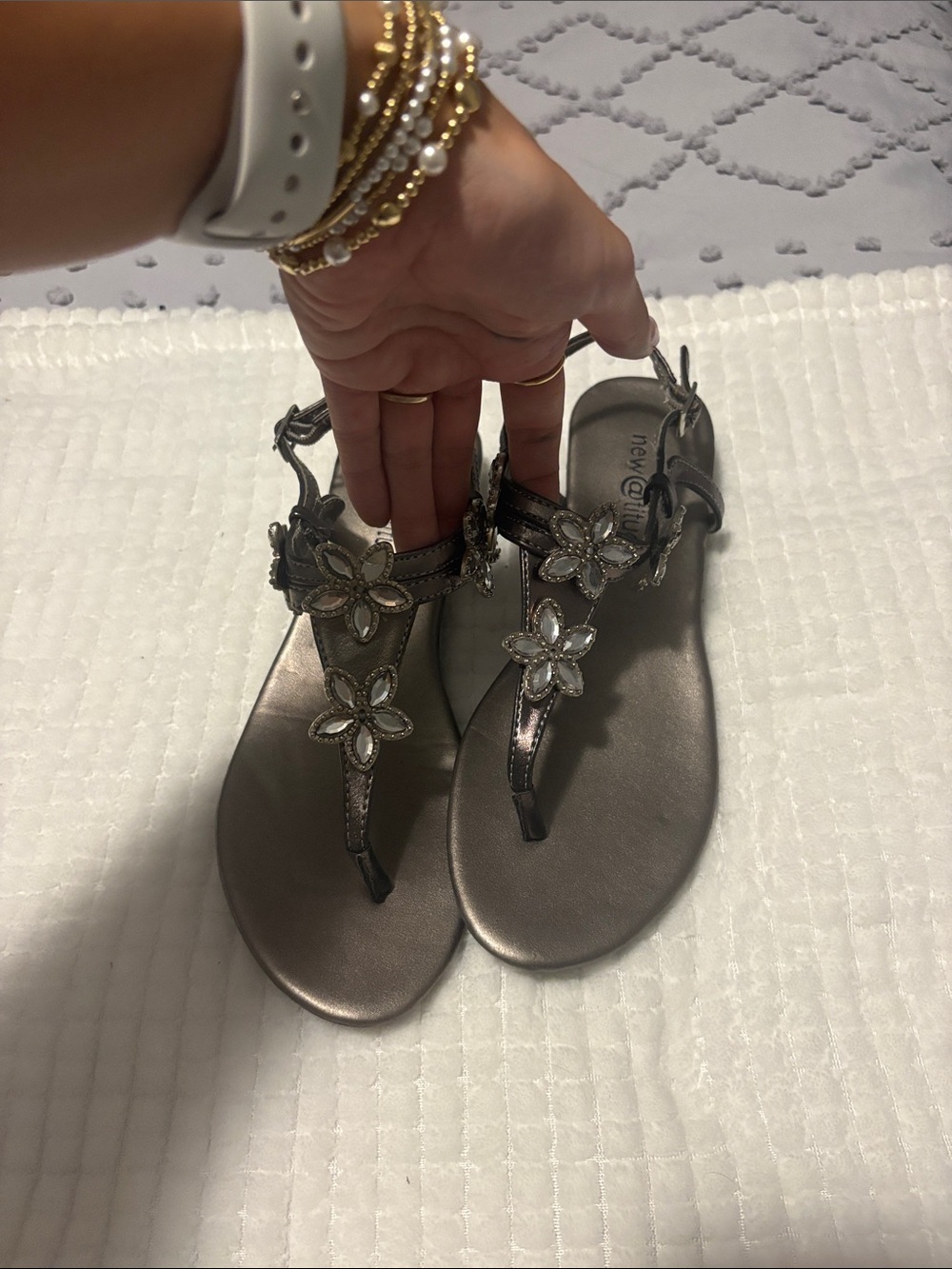 Jeweled Floral T‑Strap Sandals in Metallic Gray - Women